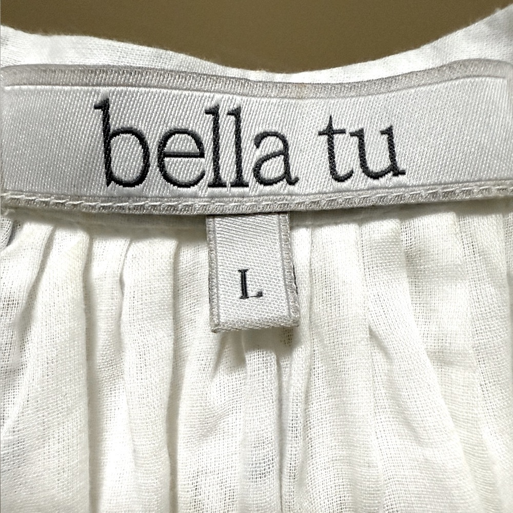 BELLA TU White Blue Gold Summer Tunic Tassel Cotton Resort Swim Dress | L - Picture 3 of 12